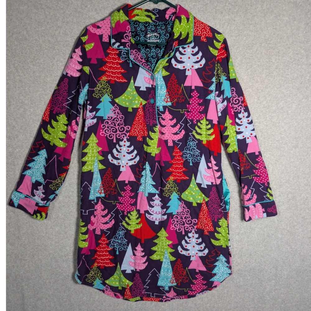 Nick & Nora Nightgown Women Small Colorful Christmas Tree Cotton Flannel Holiday